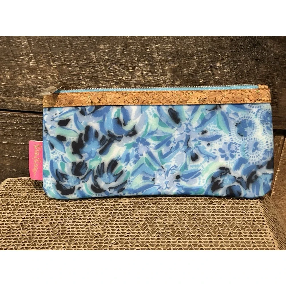Lilly Pulitzer Pencil Pouch Cosmetic Case Iris Blue High Maintenance Cork Accent